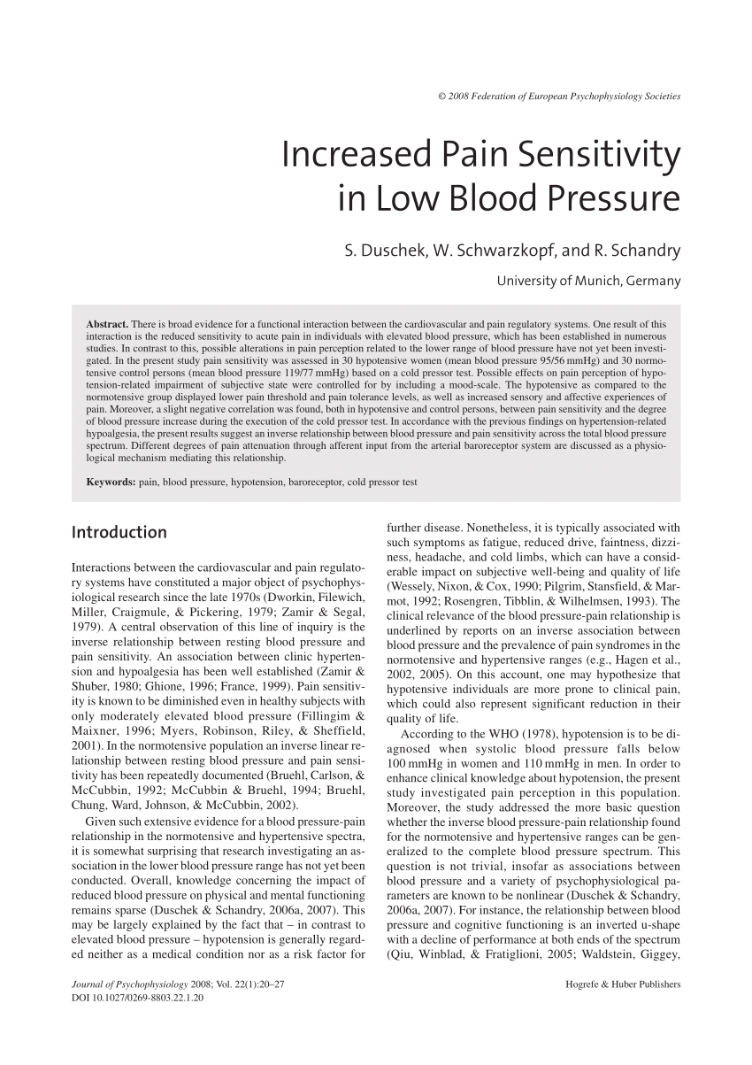 (PDF) Increased Pain Sensitivity in Low Blood Pressure